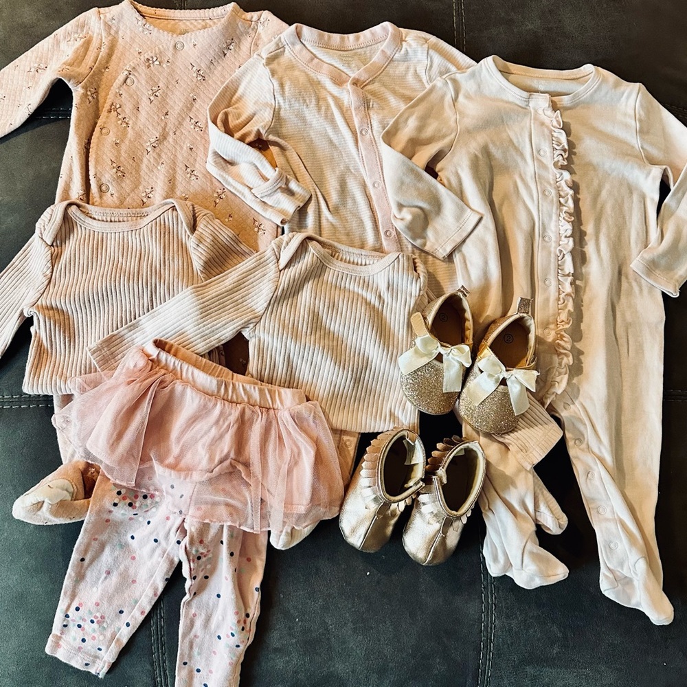 Girly Girl Ruffle Baby Pink and Gold Shoes and Outfits Bundle